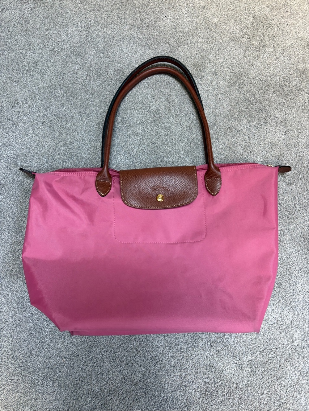 Longchamp Le Pliage Large Nylon Shoulder Tote Bag Pink with Brown Leather Trim